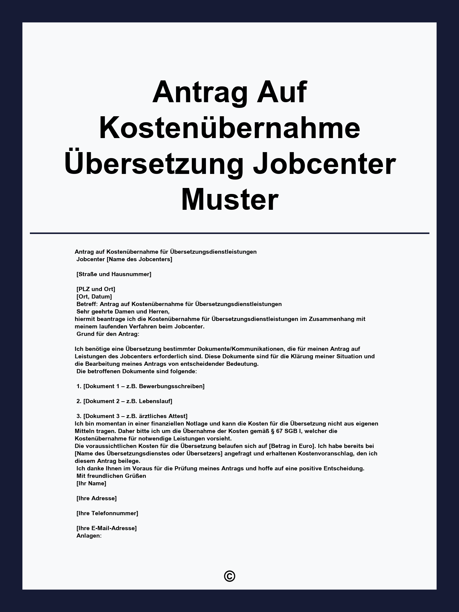 Antrag Auf Kostenübernahme Übersetzung Jobcenter Muster