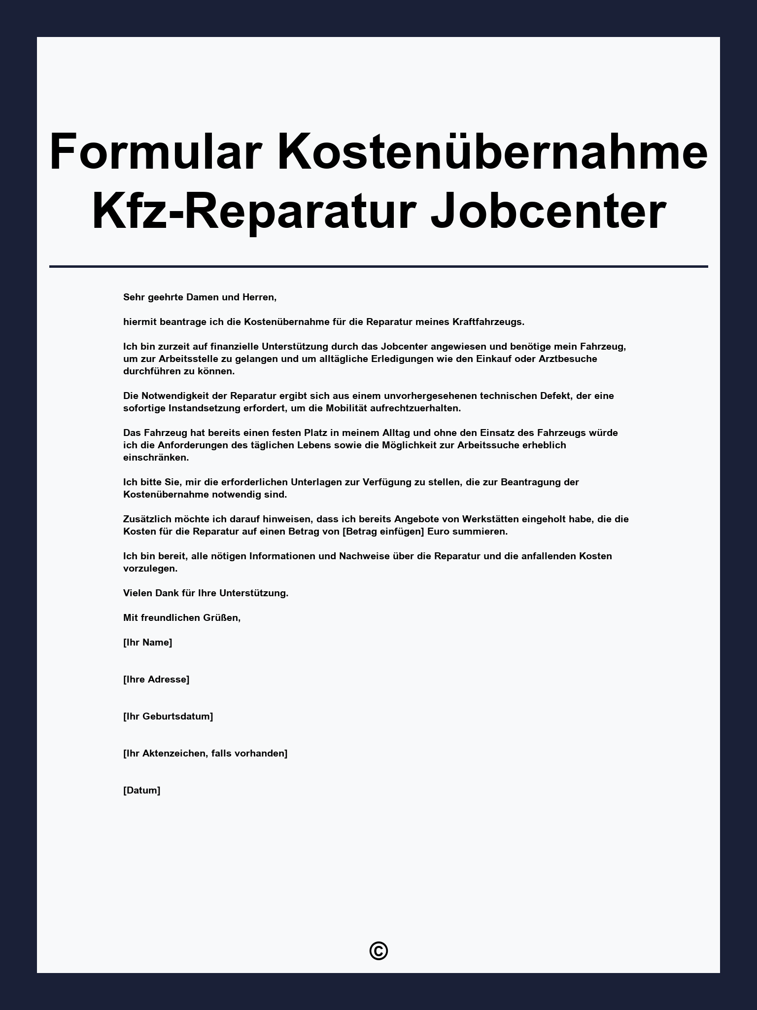 Formular Kostenübernahme Kfz-Reparatur Jobcenter